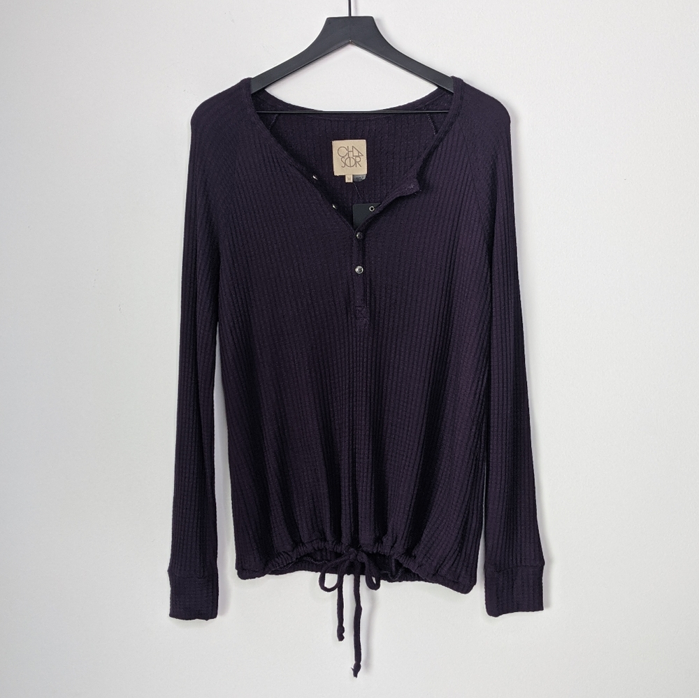 Chaser Purple Thermal Raglan Drawstring Henley MED - Picture 2 of 9